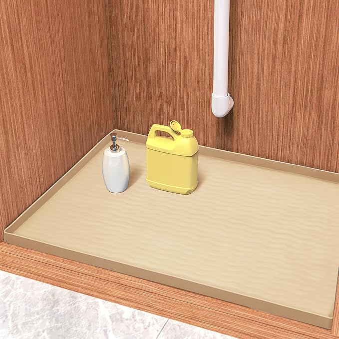 URMONA Waterproof Silicone Under Sink Mat 31'' x 22'' Shelf Liner for Kitchen and Bathroom, Cabinet and Counter Protector, Storage and Organizers, Litter Mat, Pet Cat Puppy Essentials(Khaki) by URMONA