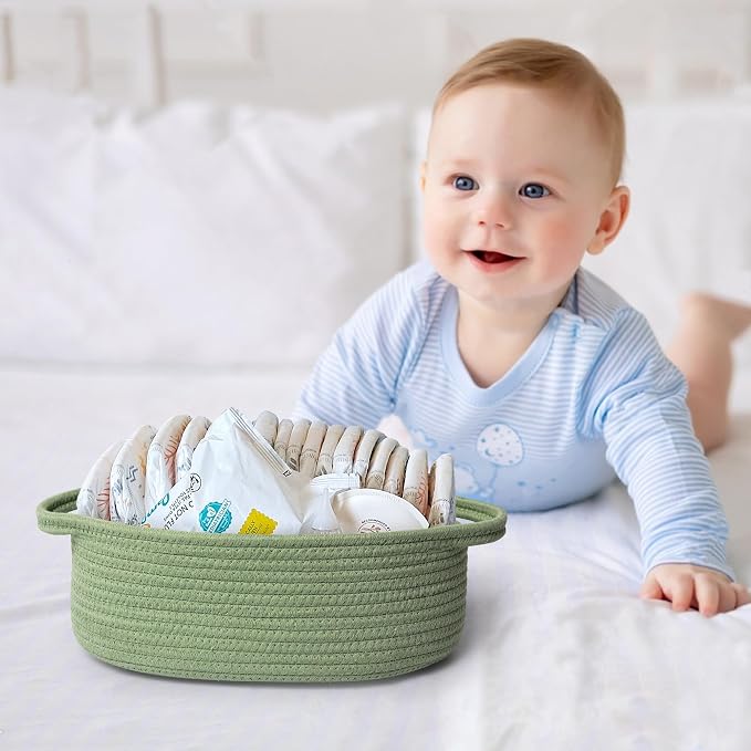 MEGASKET Green Woven Basket, 13" x 9" x 5" Baskets for Gifts Empty, Cute Cotton Rope Cat Dog Toy Bin Box, Small Woven Bin for Organizing, Green Room Decor, Nursery Baby Cloth Diaper Storage Organizer - Image 5