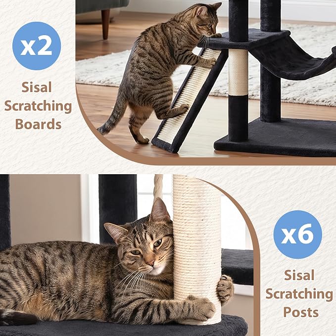 Cat Tree, 78.7'' Tall Tower with Extra Wide Top Platform GCT804G | Multi-level Cat Furniture for Indoor Cats, Cat House with Dual Scratching Boards, Big Condo, 2 Baskets & Hammock, Light Gray - Image 5