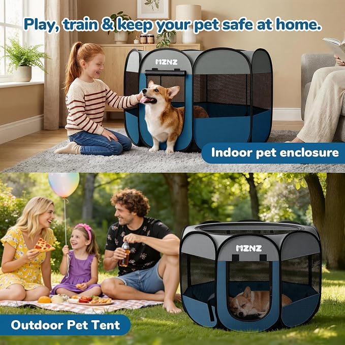 Dog Cat Small Animal Puppy Playpen Crate, Medium, Grey Blue | Portable Pop Up Pet Cage Enclosure Tent Kennel Indoor Outdoor with Carrying Case, No Assembly, Camping Use - Image 5
