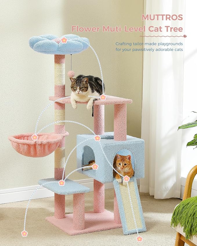 Flower Cat Tree 47.2" Multi-Level Cat Tower with Sisal Covered Scratching Posts, Cute Cat Condo for Indoor Small Medium Cats, Pink Top Perch, Ramp, Fluffy Ball, Blue - Image 6