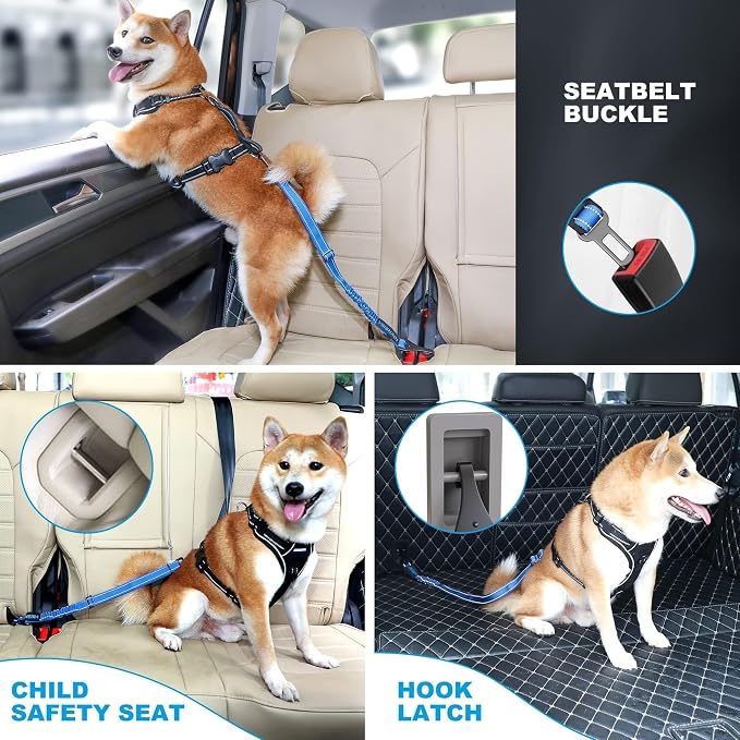 IOKHEIRA Dog Seat Belt 3-in-1 Car Harness for Pets Adjustable Safety Seatbelt Nylon Reflective Bungee Fabric Dog Car Harness with Clip Hook Latch & Buckle, Swivel Zinc Alloy Carabiner (Bule) - Image 6