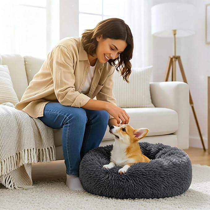 Calming Donut Dog and Cat Bed for Indoor Cats, Anti-Anxiety Round Fluffy Soft Washable Small Pet Bed for Puppy and Kitten, Warming Comfortable Luxury Anti-Slip Waterproof Mute Base 20in Dark Gray - Image 6