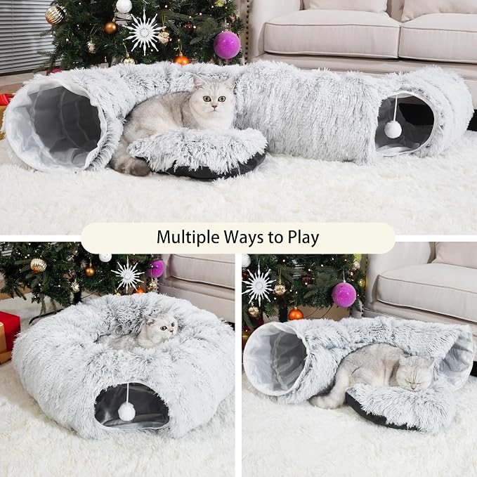 Cat Tunnel Bed for Indoor Cats, Under Christmas Tree Skirt, Donut Tunnel Toys for Multiple & Large Cats, Bed Cave Hideaway for Kitten, Rabbit, Puppy, Gray - Image 3