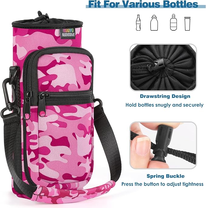 Nuovoware Water Bottle Carrier Bag, 25oz/32oz, Camouflage Pink | Adjustable Shoulder Hand Strap, 2 Pocket, Neoprene Sleeve, For Hiking Travelling Camping - Image 5