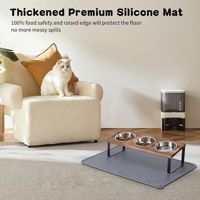 Summark Upgraded Elevated Cat Bowls with Food Mat,15°Tilted Stand Anti Vomiting Raised Cat Dishes for Food and Water,3 Stainless Steel Bowls for Cats and Puppy（Rustic Brown） - Image 3