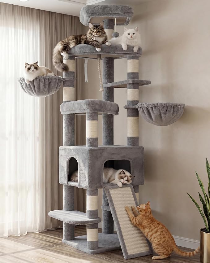 Heybly Cat Tree, 82.7″ Extra Tall Cat Tower for Large Cats Adult HCT063W | Giant Cat Condo with Multi-Level Platforms, 2 Baskets, Spacious Cat Cave, Wide Sisal Scratching Board, Light Gray by HEYBLY