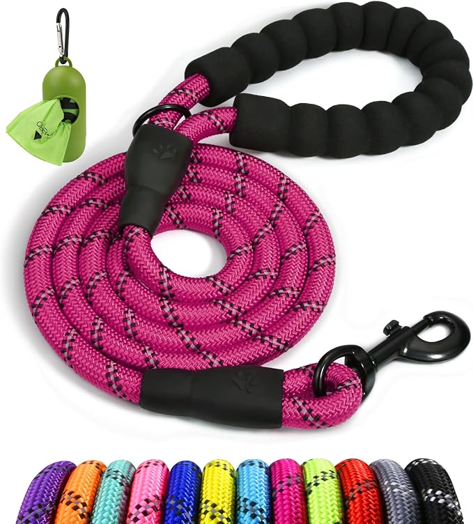 Taglory Rope Dog Leash for Medium Large Dogs, 6 FT Padded Handle, Hotpink | Climbing Rope for Strong Pullers, Reflective for Night Walks and Training, Comfortable Grip, Anti-tangle Swivel Clip 1/2 inch by Taglory