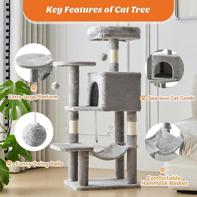 DUMOS 44 Inch Cat Tree Tower with Natural Sisal Scratching Posts | Small Cat Tree with Hammock, Pet Condo for Indoor Cats and Kittens Play, Light Grey - Image 3