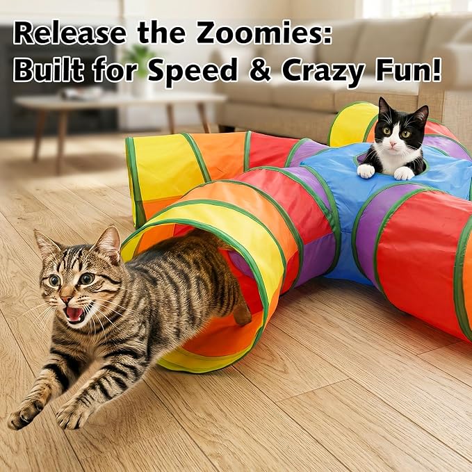 Joytale Cat Tunnel for Multiple Cats, 5-Way Indoor Tube Toy to Chase & Hide | Bell ball & Toy Mouse Included; Peekaboo Hole; Pops Open & Folds Into Zip Bag; Fits Cats to ~12 lb; Kittens & Rabbits Too - Image 9
