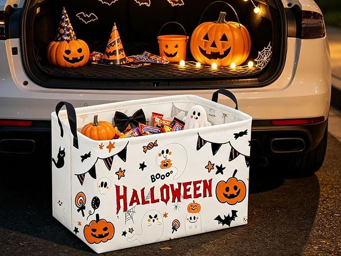 Sanjiaofeng Rectangular Halloween Ghost Storage Basket,Halloween Basket.Cute Baskets for Room Decor, Pumpkin Baskets with Handles.Books Bins,Gifts Box(White Ghost) - Image 4