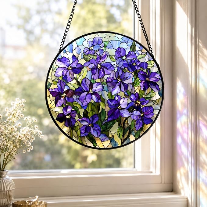 Stained Glass Window Hanging Lilac Stained Glass Style Suncatcher Round Purple Flower Window Hanging Decorative Panel Sun Catcher for Home Window Garden Gift - Image 6