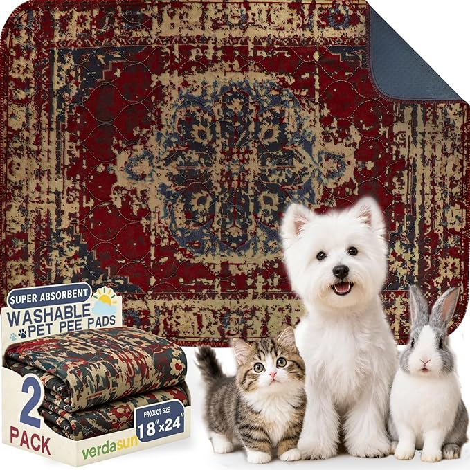 Washable Pee Pads for Dogs, Reusable Puppy Potty Training Pads, Ultra-Absorbent Thick Waterproof Leak-Proof Non-Slip Pads & Mat for Crate, Playpen, Floor, Whelping & Housebreaking , 2 Pack 18"x24" by Verdasun