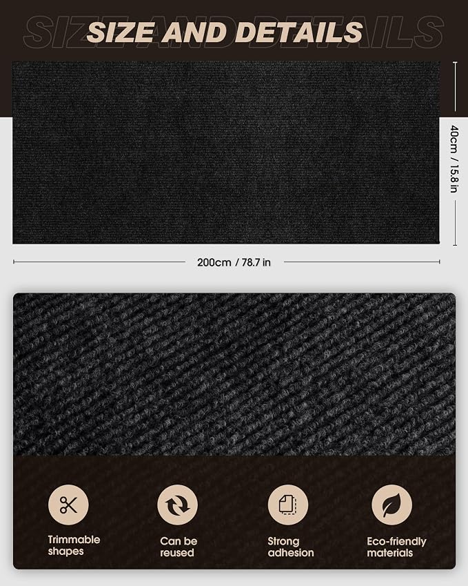 Cat Scratch Furniture Protector, Trimmable Self-Adhesive Carpet, DIY Climb Cat Scratcher Mat for Covering Cat Tower and Couch Protector from Cat Claws (78.7x15.8in Black) - Image 4