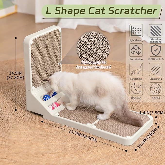 Cat Scratcher Cat Scratch Pad L Shape Wall Mounted Dual Use (Vert/Horiz) Kitten Bunifa Scratching Card Board Vertical Post with Ball Toys Feathers,Protecting Furniture Core is Replaceable Large White - Image 2