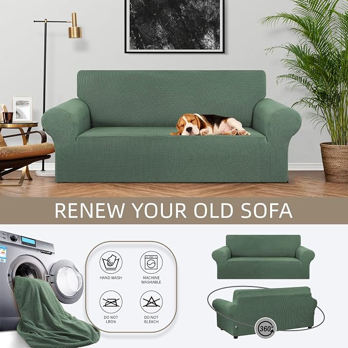KEKUOU Loveseat Couch Cover, 2 Cushion Couch Slipcover,Greyish Green | 1-Piece Stretch Sofa Cover Pet Friendly (55"-78") Furniture Protector Soft Jacquard, Elastic Bottom for Dogs & Kids - Image 3