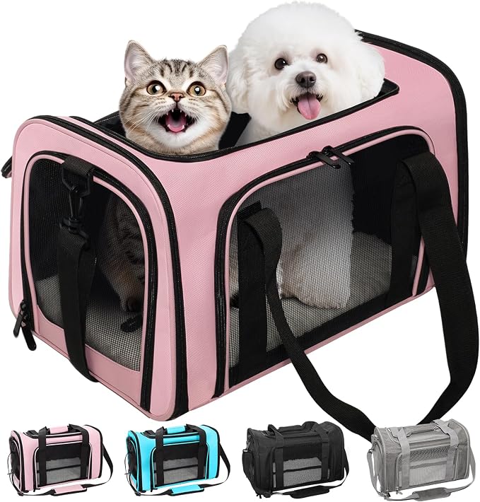 Soft-Sided Cat Carrier 20x13x13 in Expandable Travel Pet Bag 22LBS | For Cats and Small Dogs with Anti-Scratch Mesh Washable Mat Collapsible Escape-Proof Airline Approved with Shoulder Strap by Lowiparr