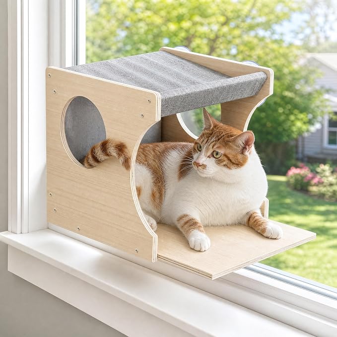 Cat Window Perch，2-Tier Hammock & Hideaway House with Strong Suction Cups | Right-opening, Drill-Free, Hold Up to 45 lb Support, For Small to Medium Cats, Let Cats Lounge, Climb and Watch Outside by HAPYKITYS