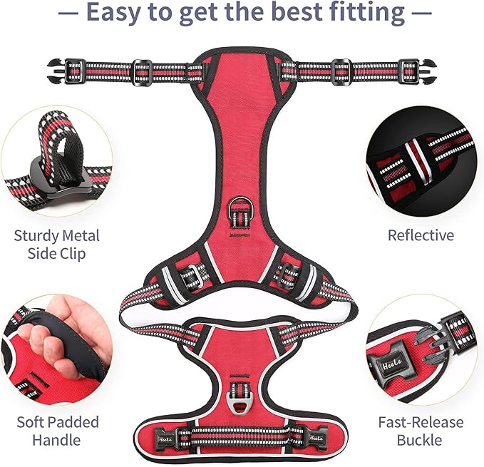 HEELE Dog Harness, No Pull Adjustable Padded Reflective Harness for Small Medium Large Dogs with Handle for Walking Training, Red, XL | Soft Breathable Padded for Large Harness, No Pull No Choke, Adjustable 2 Metal Rings for Outdoor Walking Training - Image 4