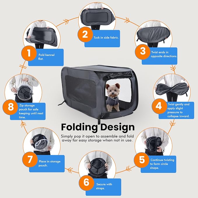 Portable Collapsible Pop Up Kennel, 36" L x 22" W x 22" H, Black | Collapsible indoor/outdoor travel cat and dog crate with mesh screen windows pops up and folds flat for easy storage - Image 5