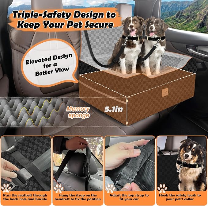 Large Dog Car Seat for Back Seat – Removable Dog Booster Seat & Washable Pet Car Seat for Medium & 2 Small Dogs up to 60lbs – Safety Straps & Storage Pocket – Travel & Home Use (Gray/Black) - Image 6