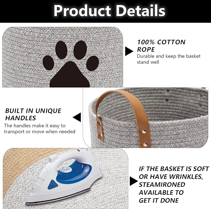 Cotton dog toy basket storage, puppy toy basket, puppy bins, laundry basket blanket storage bin - Perfect for organizing pet toys, blankets, leashes, pee mats and diapers - Graykhaki - Image 3