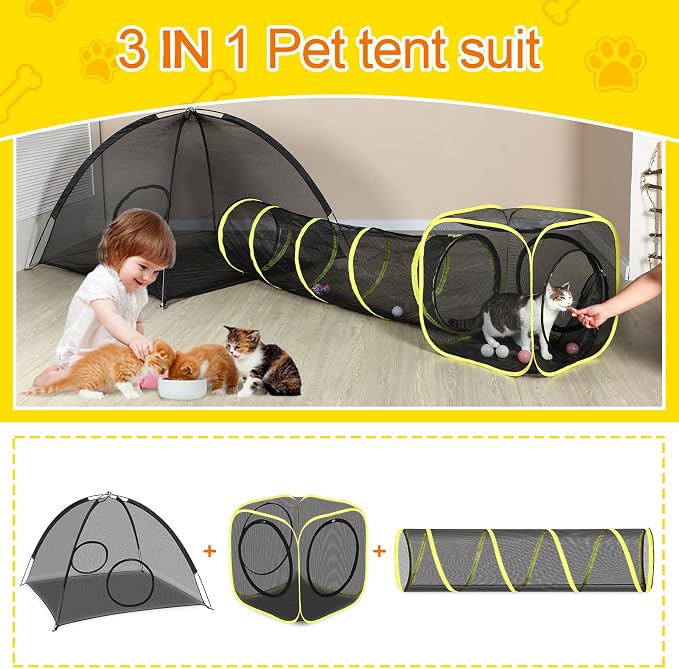 Outdoor Cat Enclosures for Indoor, Portable Mesh Tent, Outdoor pet Tunnel, Cat Playhouse with Adjustable Cat Harness and Leash for Walking, Colorful Tease Ball for Small Animals - Image 2