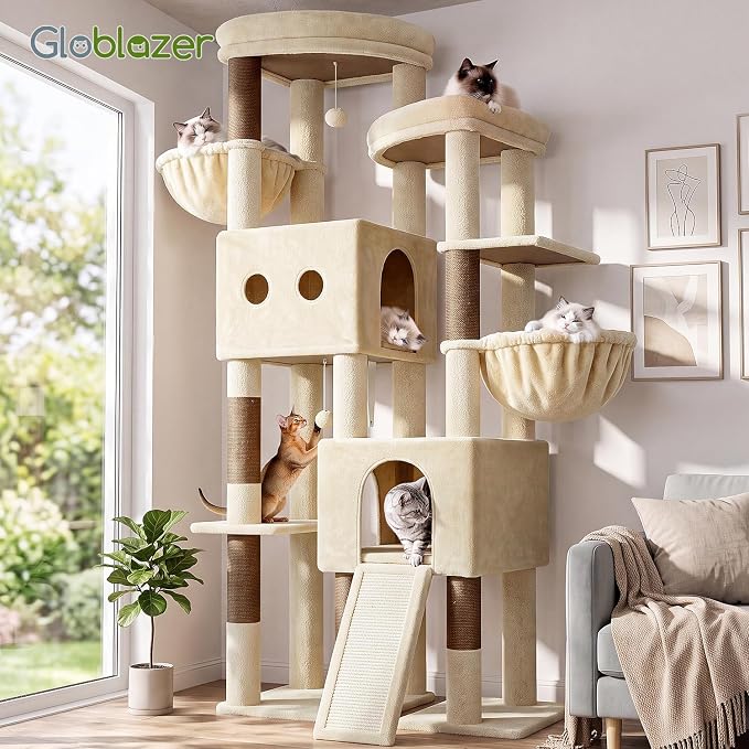 Globlazer Sturdy Cat Tower for Indoor Cats 20lbs, 76in, S76E, Beige | Heavy Duty Cat Tree for Adult Big Cats Maine Coon with Scratching Post, 2 Extra Large Top Perch, 2 Padded Cat Condos - Image 7