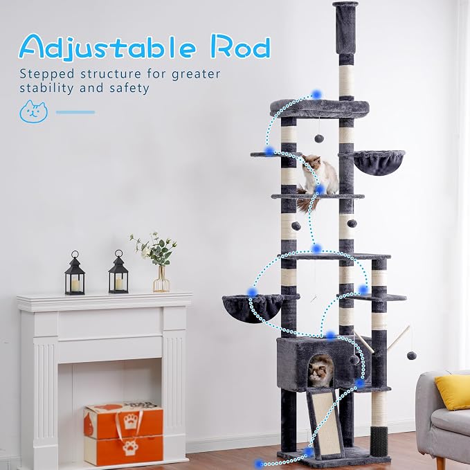 Hey-brother Cat Tree Tower, Adjustable Height, Floor to Ceiling, MPJ091G | 94.5-106.3 Inches Multi-Level Cat House, Scratching Posts, Plush Condo, Platform, Toy Ball for Indoor Big Cats, Smoky Gray - Image 2
