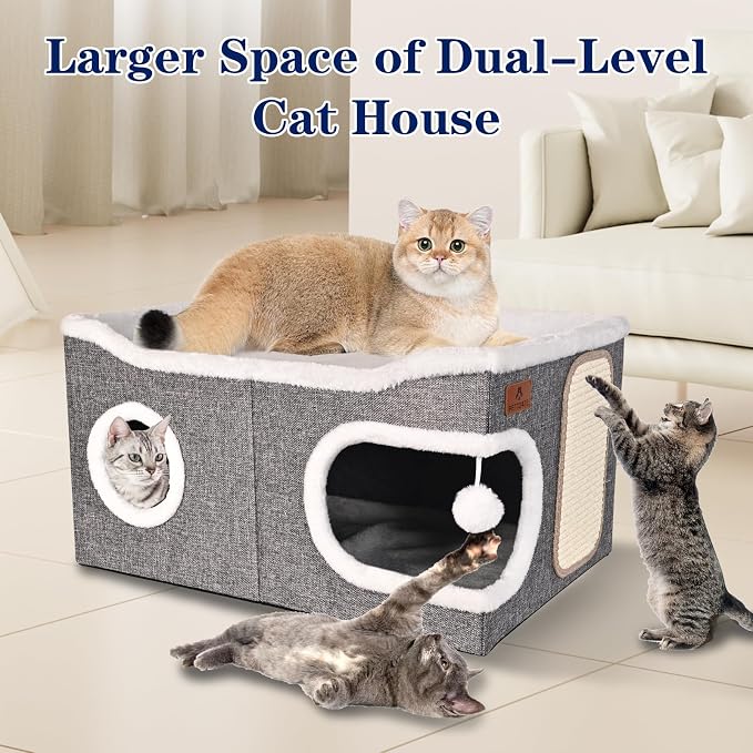 Extra Large Cat Beds for Indoor Cats, Covered Cat Cave Beds & Furniture with Scratch Pad and Fluffy Ball, Foldable Cat Condo Hideaway with Reversible Cushion for Multi Small Pet Large Kittens, Grey - Image 4