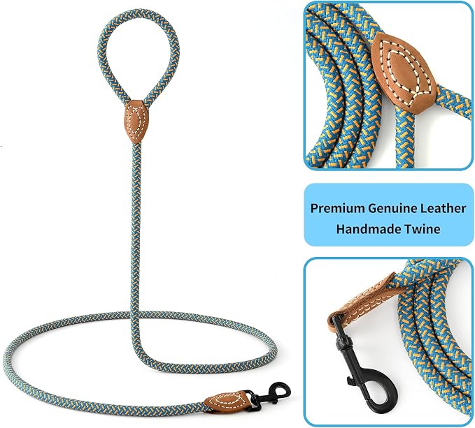 Mile High Life Dog Leash with Genuine Leather-Wrapped Ends, 4/5/6FT | Tangle-Free 360° Swivel Clasp Heavy Duty Rope Leash | Small Medium Large Dogs | Daily Walking (Peacock Blue, 48 Inch, 1/2") - Image 3