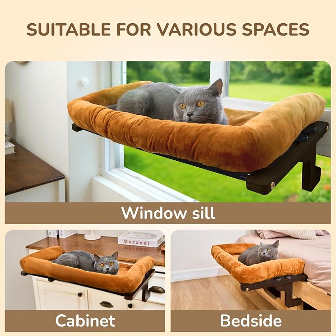 [Ready to Gift] PURRHOUSE 45LBS Cat Window Perch with Bolster, Hammock Seat with Plywood & Metal Frame, Cat Bed for Windowsill, Bedside and Cabinet (Walnut Wood & Brown Cushion, 24.8''W x 9.4''H) - Image 7
