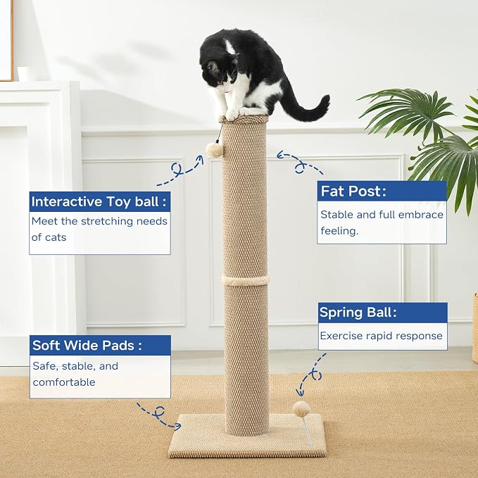 Cat Craft 41" Cat Scratching Post, Beige | Short Plush Fabric, Stable Wide Base, Replaceable Hanging Ball, Full Stretch Design - Image 4