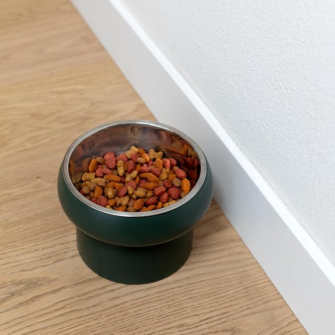 Fringe Studio Matte Speckled Green Medium Raised Stoneware Feeder W/Stainless Steel Insert (7" Diameter x 5.5" H, 26 fl.oz.), PetShop Collection (453MD001) - Image 2