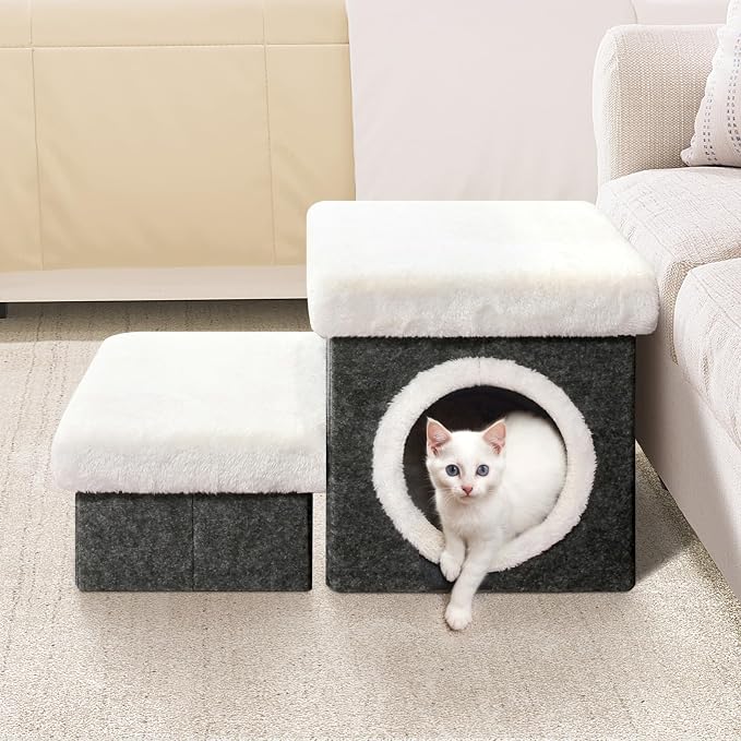 B FSOBEIIALEO Cat House Pet Stairs for Beds Sofa, Foldable Dog Steps 2-Tier With Storage Toy Box, Small Indoor Pet Steps Grey 15.7x12.6x12.6 Inches - Image 6