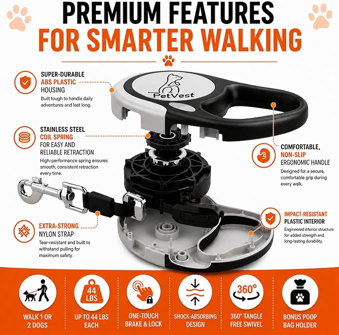 Dual Retractable Dog Leash,10 FT Tangle-Free Leash for 2 Dogs, Detachable for Single Use,One-Button Brake & Lock, Up to 44 lbs Each, 360° Swivel, Non-Slip Handle + Poop Bag Holder (Grey) - Image 8