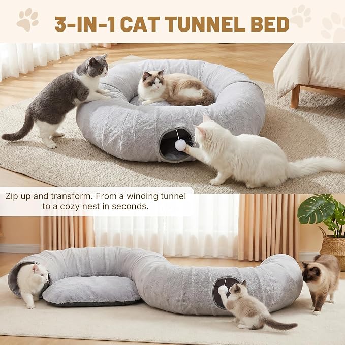 Extra Large Cat Tunnel, 47.2in Multi-Cat Family Big Cat Tunnel for Cats | Long Cat Tunnel Bed with Washable Plush Mat, XXL Pet Play Tunnel Toy for Cats, Puppy, Rabbits Grey - Image 4