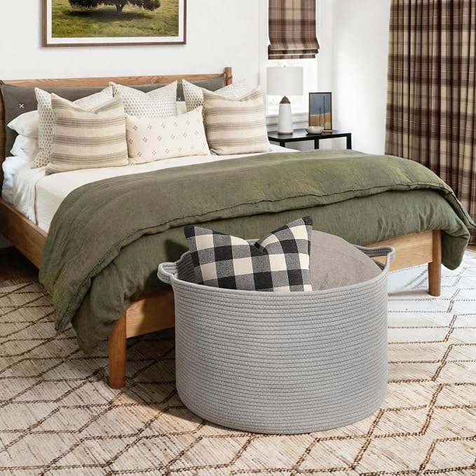 MEGASKET 115L Super Large Gray Blanket Basket, 23.6"x15.7" Woven Cotton Rope Storage Basket for Laundry, Towel, Pillow, Oversized Kids Dog Toy Storage Bin, Grey XXXL Blanket Holder for Living Room - Image 5