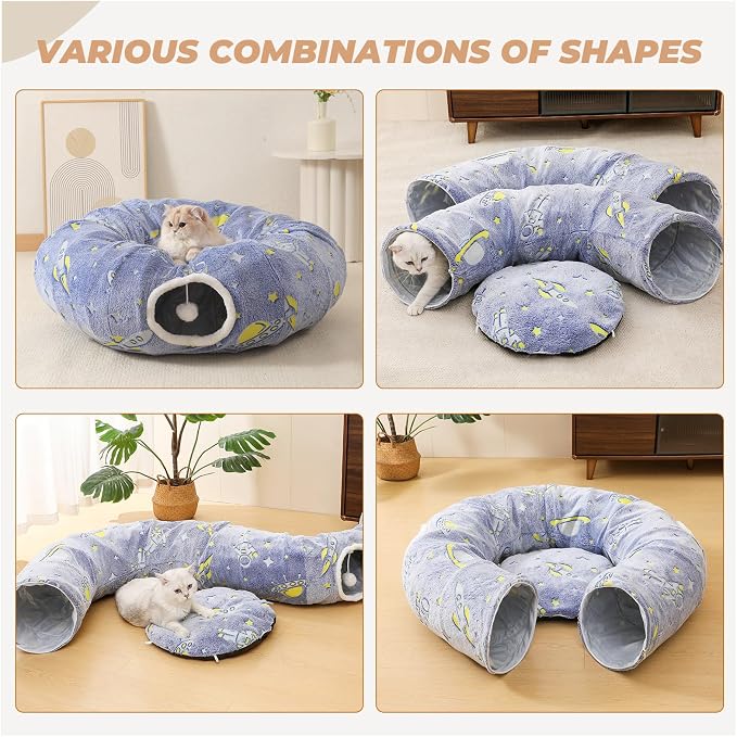 Under Christmas Tree Large Cat Tunnels Bed Tube for Indoor Cats Glows in The Dark Cat Tunnel with Cushion and Plush Ball Toy Toys for Dog Puppy Kitten Rabbit Bunnies Ferret Pet Blue - Image 3