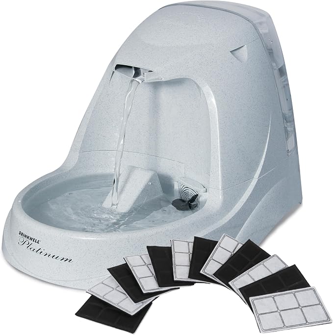 PetSafe Drinkwell Platinum Cat Fountain, Includes 12 Carbon Filters | 168 Oz Capacity, Falling Stream Encourages Drinking, Adjustable Flow, Top-Shelf Dishwasher Safe, 12 Filters Included by PetSafe