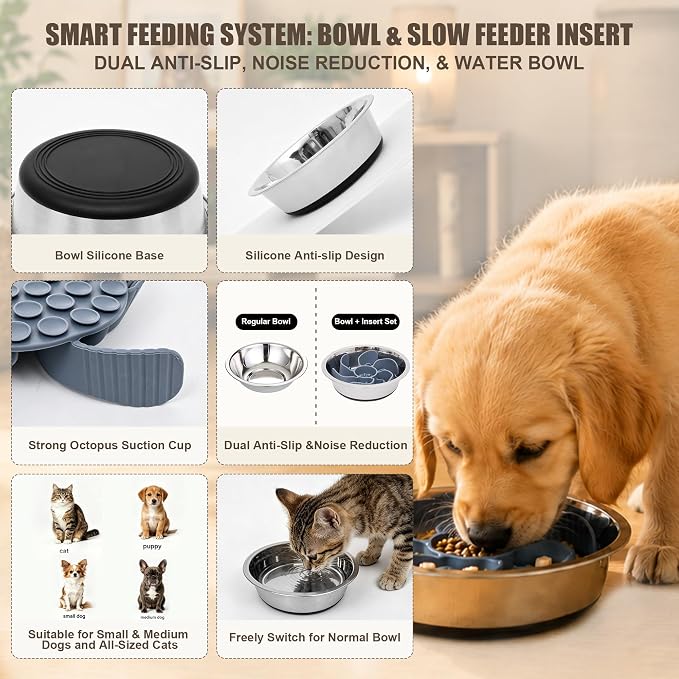 Nonslip Stainless Bowl Slow Feeder Kit for Small Dogs & Cats, Anti Gulping | 7Pcs Set: Slow Feeder [Octopus Suction], Lick Mat, Lid, Spatula, Brush. Stops Bloating, Vomiting, Sliding, Keeps Fresh. - Image 2