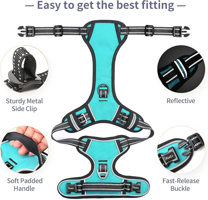 HEELE Dog Harness, No Pull Adjustable Padded Reflective Harness for Small Medium Large Dogs with Handle for Walking Training, Turquoise, XL | Reflective Front Clip Vest with Control Handle, No Choke, Adjustable 2 Metal Rings for Outdoor Walking Training - Image 3