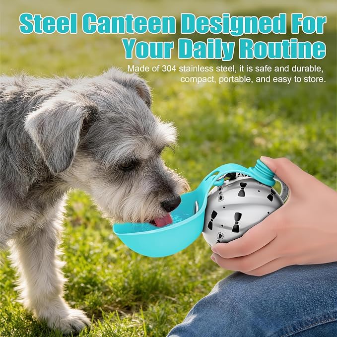 Portable Dog Water Bottle 10oz Stainless Steel Travel Dog Water Dispenser with Bowl No-Spill Puppy Water Bottle for Walking Hiking Small Dog Water Bottle (Blue Bow Print) - Image 8