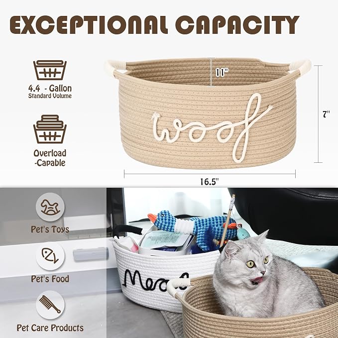Sea Team Dog Toy Storage Basket with Handles, Beige Woof | Large Cotton Rope Storage Bin, Shelf Basket, Organizer for Pet Chew Toys, Foods, 16.5 x 11 x 7 Inches, 4.4 Gallons - Image 3