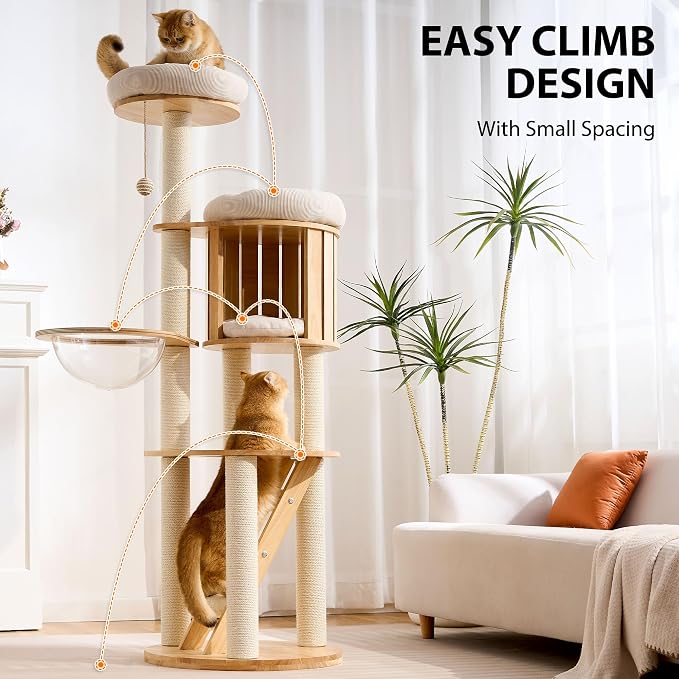 Solid Wood Cat Tree Tower with Scratching Post, 61 Inches Tall Cat Towers with Capsule and Condo, Modern Cat Tower with Hammock and Removable Top Bed for Indoor Cats.White - Image 8