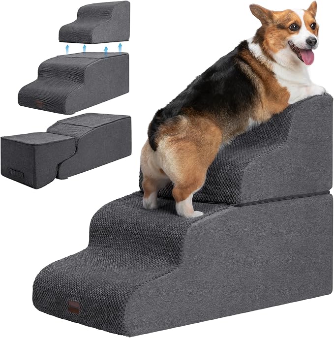 Garnpet Dog Stairs for High Beds, 4-Step Dog Steps for Small Dogs and Cats, Foldable Pet Stairs for High Bed Climbing, Non-Slip Balanced Pet Step Indoor, Dark Grey by Garnpet
