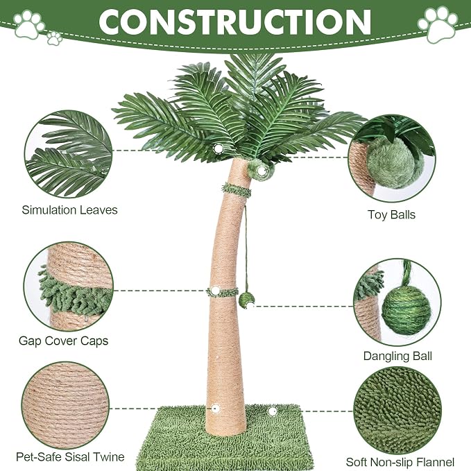 Palm Tree Cat Scratching Post, 36'' Cat Scratcher Post with Natural Sisal Rope, 3 Interactive Balls and Curved Design Scratching Posts for Indoor Cats Adults and Kittens, Multi-Combinable (Style B) - Image 2