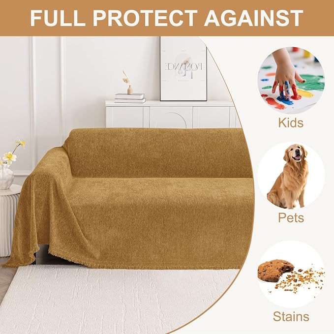 Smiry Couch Cover for Dogs, Chenille Sofa Covers for 3 Cushion Couch | Washable Soft Sofa Slipcover for Pets, Thick Sectional Furniture Protector with Tassels (Yellow, 71x134 Inch) - Image 3