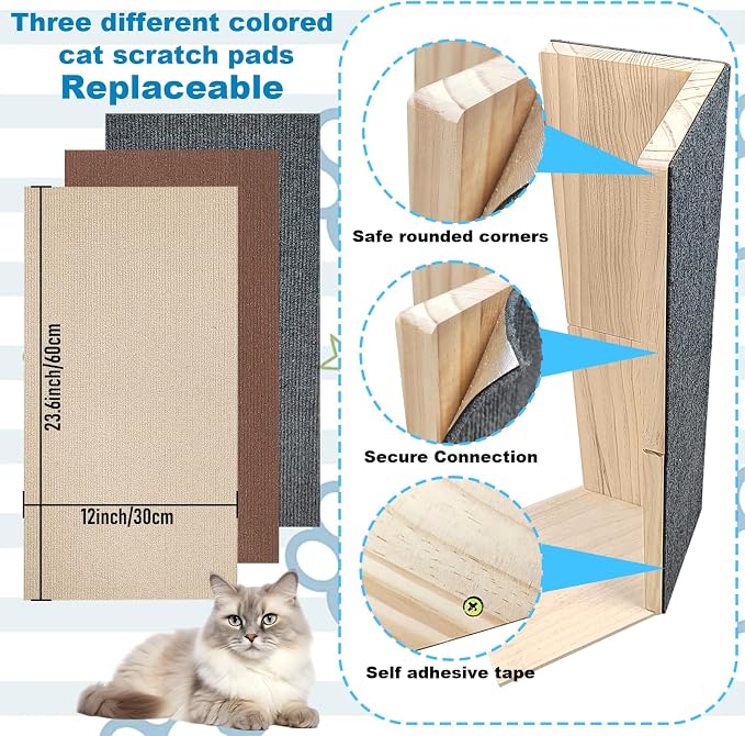24" Tall Couch Corner Scratching Post with 3Pcs Replaceable Self-Adhesive Cat Scratching Post Carpet, Cat Scratch Pad Mat- Stylish Indoor Cat Scratcher Board Furniture Protector - Image 3