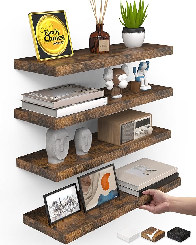 BAYKA Rustic Brown Floating Shelves 15.7in, Set of 4, Wall Mount Wood Shelf | Easy Install, 22lbs Max Load, Hidden Bracket, Hanging Shelf for Books Storage/Room Decor, Multi-Wall Compatible by Bayka